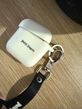 Palm Angels White Silicone AirPods Case with Black Lanyard and Silver Hardware